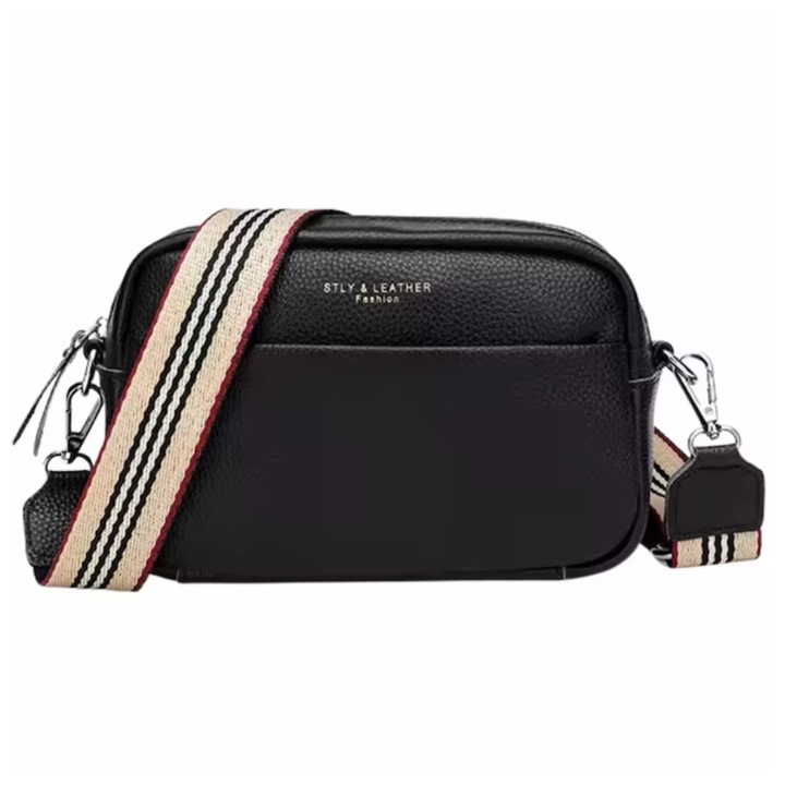 Дамска чанта JOZY, от черна естествена кожа, с цип, crossbody, изчистен и елегантен дизайн, небрежен стил