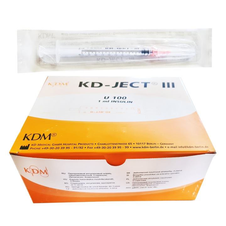 Set seringi insulina KDM KD-JECT III 1ml U-100 G29, 0.33x12mm, 100buc