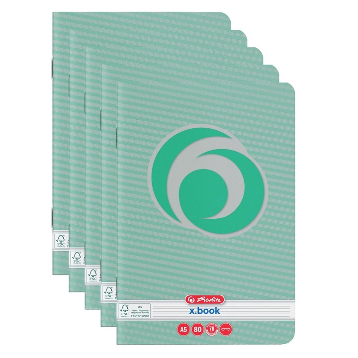 Set 5 caiete Herlitz, A5, 80 file, 70 g/mp, dictando, Rainbow verde, colturi rotunjite