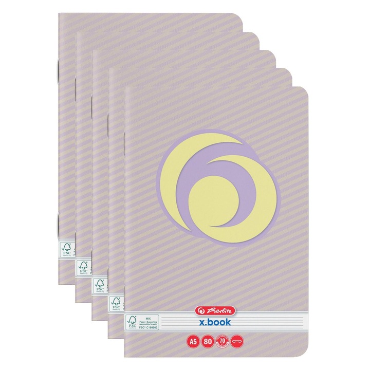 Set 5 caiete Herlitz, A5, 80 file, 70 g/mp, dictando, Rainbow lila cu galben, colturi rotunjite