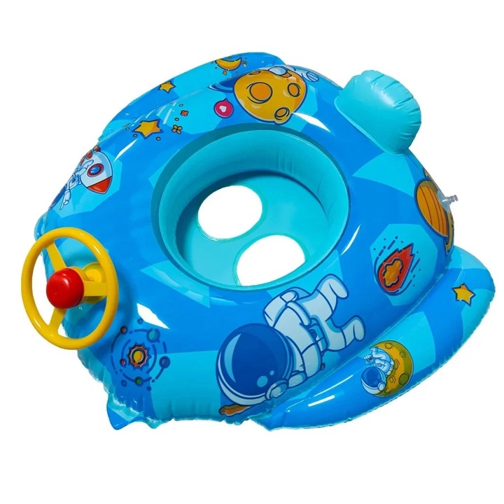 Colac Gonflabil tip Barcuta cu chilotel de inot, Vala® Astronaut, Volan si Claxon, 67 x 80 cm, Albastru