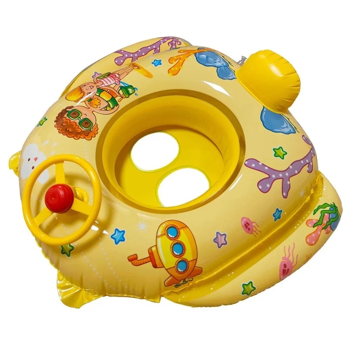 Colac Gonflabil tip Barcuta cu chilotel de inot, Vala® Submarin, Volan si Claxon, 67 x 80 cm, Galben