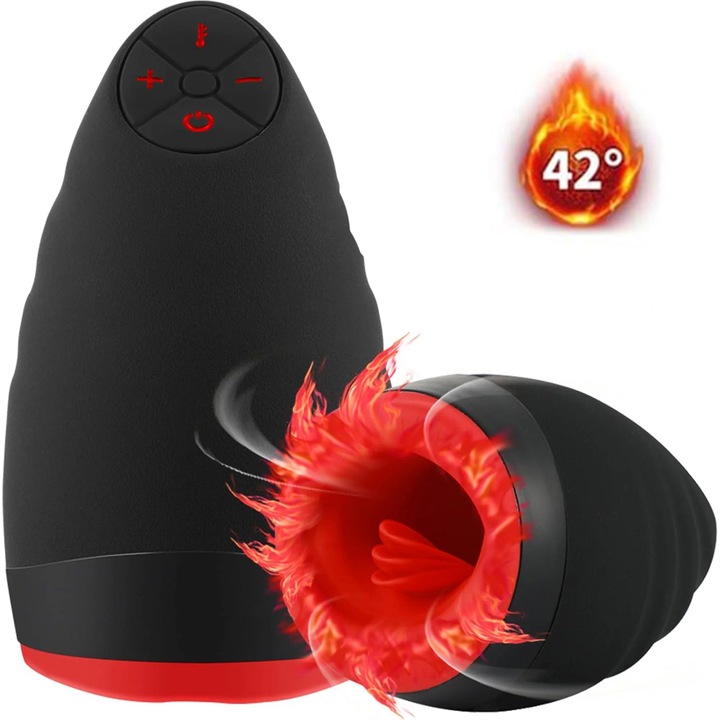 Masturbator Obsessia® HerTongue, 6 moduri de vibratie puternice, cu efect de deep-throat, functie de incalzire, rezistent la apa, incarcare USB, din silicon premium si sigur, carcasa durabila, design discret, negru, silentios, 230g