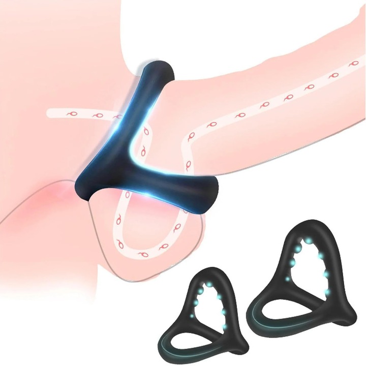 Inel pentru penis Obsessia® 3 in 1 Late, BDSM, cu efect de intarziere a ejacularii, placere dubla si stimularea ambilor parteneri, pentru cupluri, din silicon, negru, moale, usor de folosit, rezistent la apa, 8 g