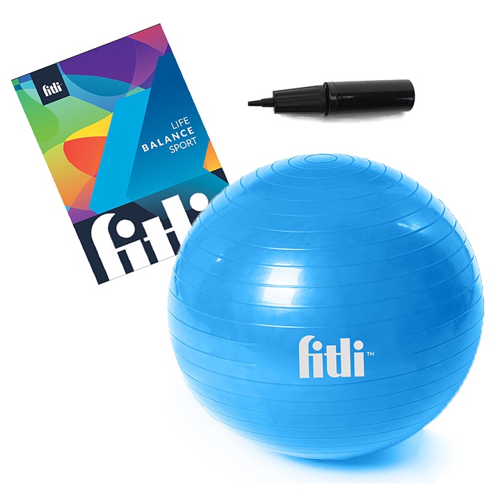 Minge fitness 65cm, FitLi, pentru exercitii gimnastica, aerobic, pilates, recuperare, pompa inclusa, Albastru