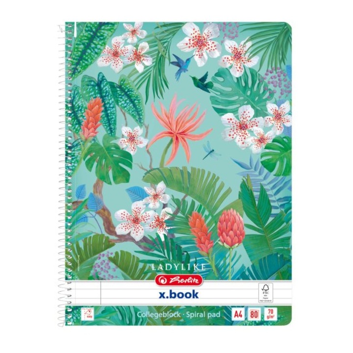 Caiet A4 cu spira Herlitz, 80 file, 70 g/mp, Dictando, Motiv ladylike, Verde