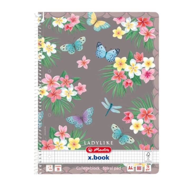 Caiet A4 cu spira Herlitz, 80 file, 70 g/mp, Matematica, Motiv ladylike, Gri