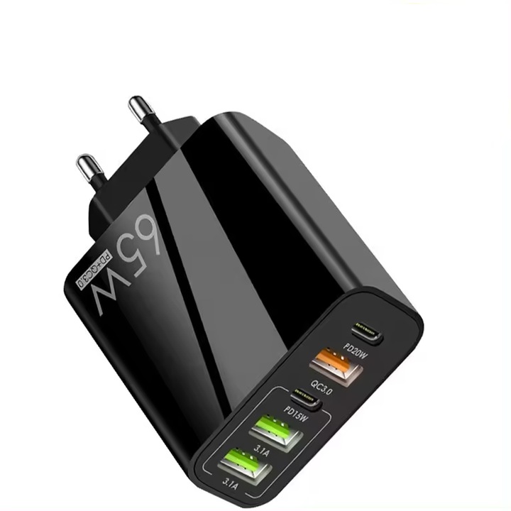 Incarcator Retea, 5 Porturi IQER®, 65W Fast Charge, 3 x USB, 2 x Type-C, Universal Compatibil iPhone, Huawei, Samsung, Xiaomi, Negru