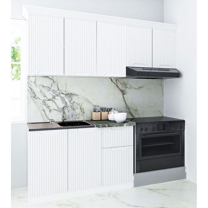 Set bucatarie cu soft-close si fronturi MDF, Badenmob, seria Space, 180cm, Alb Rustic