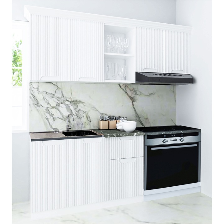 Set bucatarie cu soft-close si fronturi MDF, Badenmob, seria Space, 180.01cm, Alb Rustic