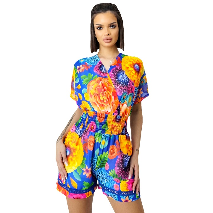 Salopeta scurta Yonela, cu imprimeu floral si detalii brodate, Albastru, M