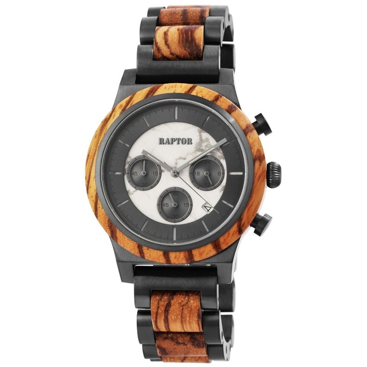 Ceas barbatesc, Raptor, cronograf, carcasa si bratara lemn/inox, bicolor