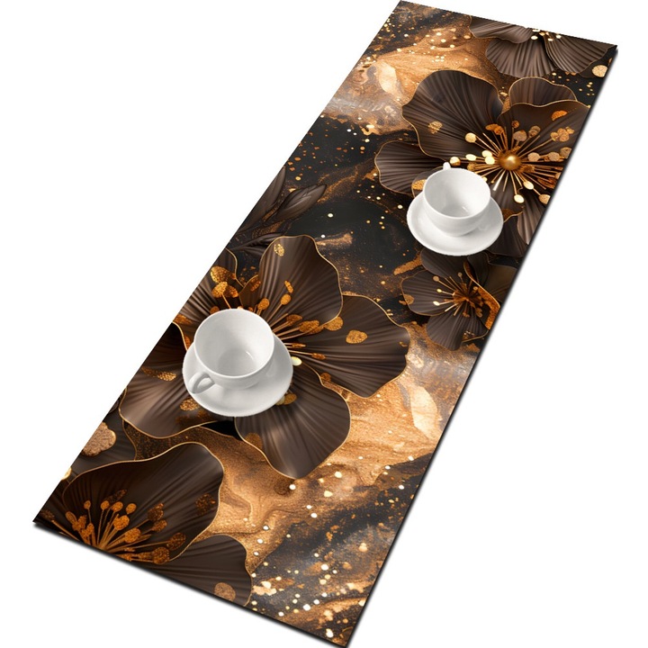 Runner de masa din fetru, Bertoni, cu imprimeu Pearl Flower, 95x33 cm, Maro