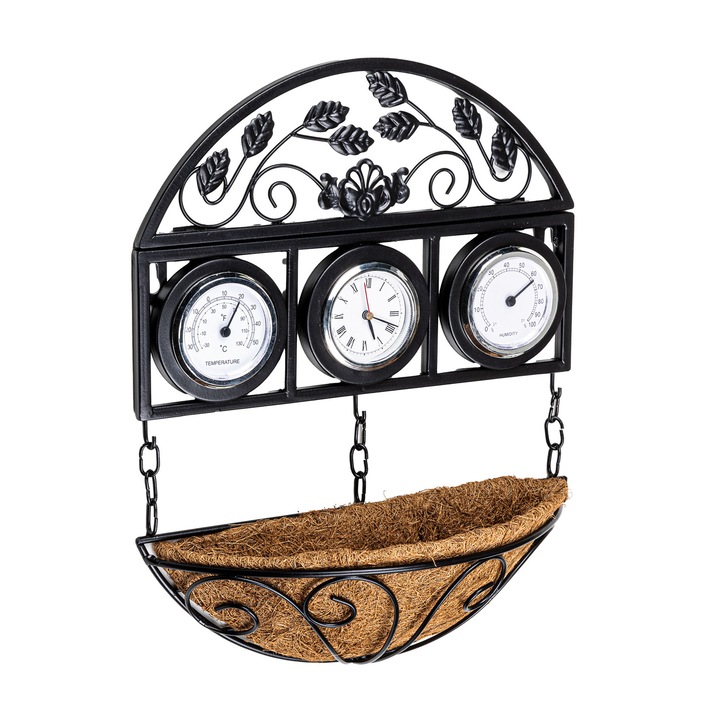 Statie meteo interior-exterior, Haushalt, cu ghiveci din fibra de palmier, ora, umiditate, temperatura, 26 x 8 x 32 cm