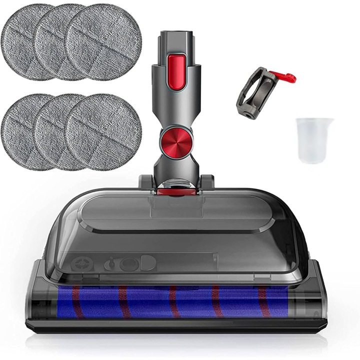 Моп за пране и прахосмукачка с електрическа глава с LED PAA-home® съвместим с прахосмукачки Dyson V7 V8 V10 V11 V15, 1 смукателна глава с LED, 6 кръгли кърпи, 1 контейнер за вода, 1 подвижен резервоар за вода и заключващ бутон за превключвателя