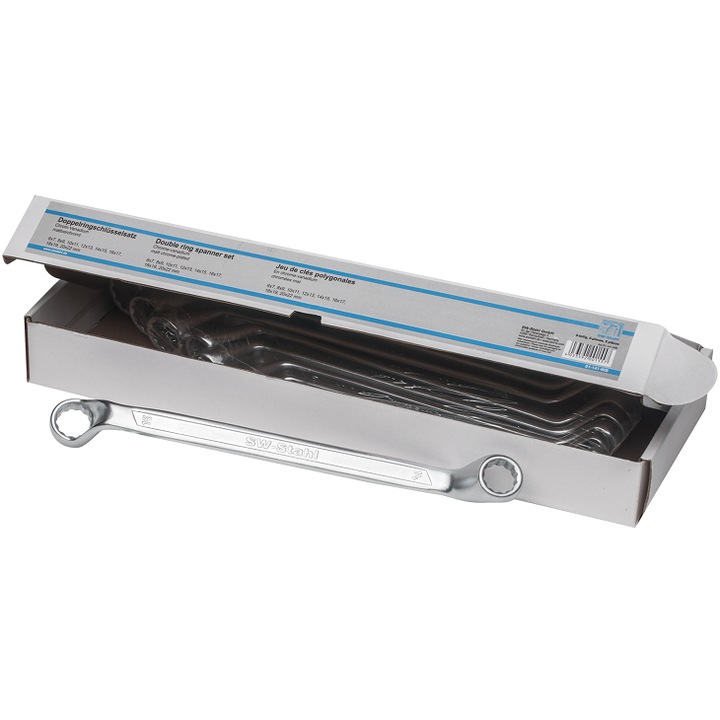 Set 8 chei dublu inelare SW-STAHL, unghi 15 grade, deschidere chei 6-22 mm, crom vanadiu