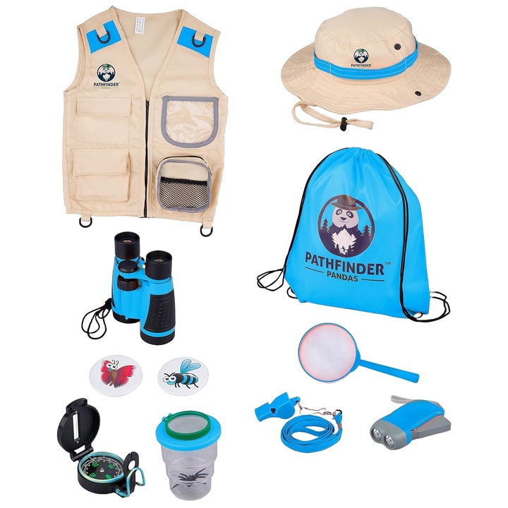 Set de cercetare pentru explorarea naturii, kit aventurier safari cu vesta, palarie, binoclu, lanterna, fluier, busola, penseta, lupa, geanta de depozitare, albastru