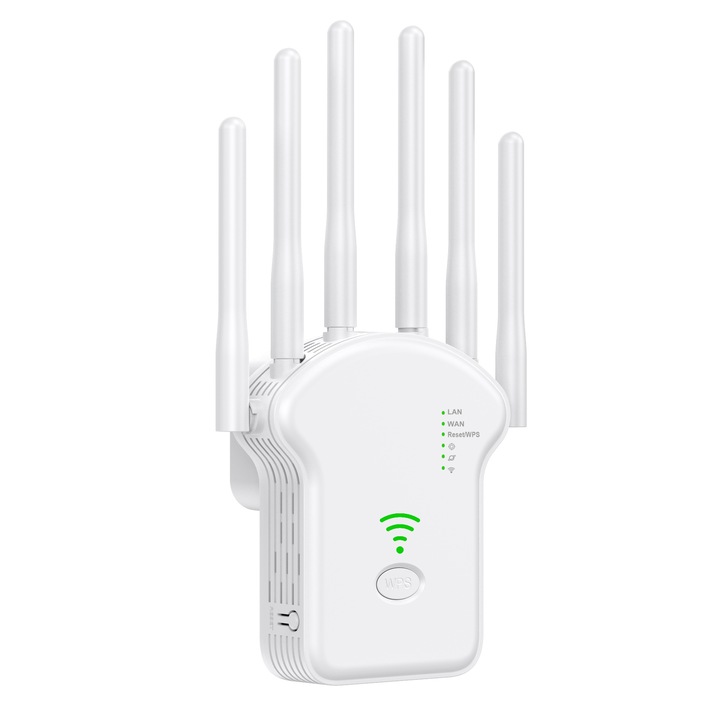 Vezeték nélküli router, 5G Dual Band, 6 antenna, WPS funkció, egyérintéses összeköttetés, interferencia védelem, fehér