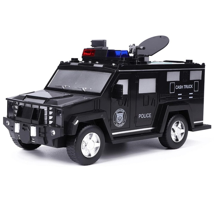 Pusculita tip masina blindata de bani pentru copii de peste 3 ani, cu amprenta, cod pin, sunete si lumini, negru