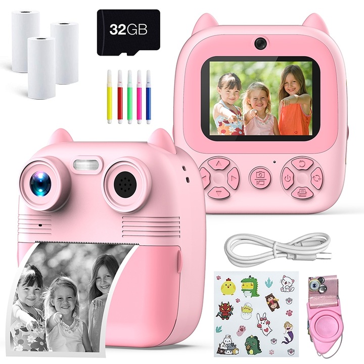 Детска камера WALALLA, мигновена, 96MP двойна леща, 32GB, 2200mAh, 9,5x5,5x11cm, розова, комплект от 3 ролки хартия за печат