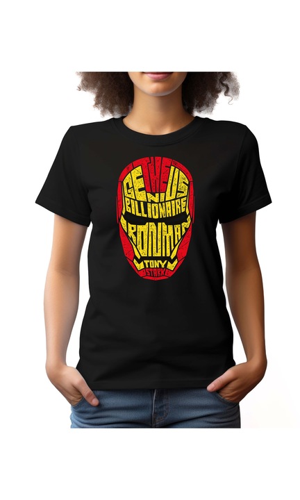 Bestcase® Tricou dama cu Imprimeu Iron Man, Din bumbac, Regular fit, Maneca scurta, NF606, Negru, XL