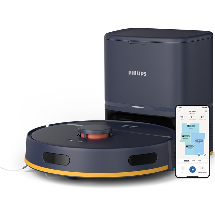 Робот прахосмукачка Philips Series 2000 XU2100/10, 2700 Pa, Прахосмукачка и моп, Станция за автоматично изпразване, Wi-Fi, LDS радарна навигация, Миещ се филтър EPA11, 360-градусово сканиране, Автономия до 130 мин, 5 карти, Приложение HomeRun, Син