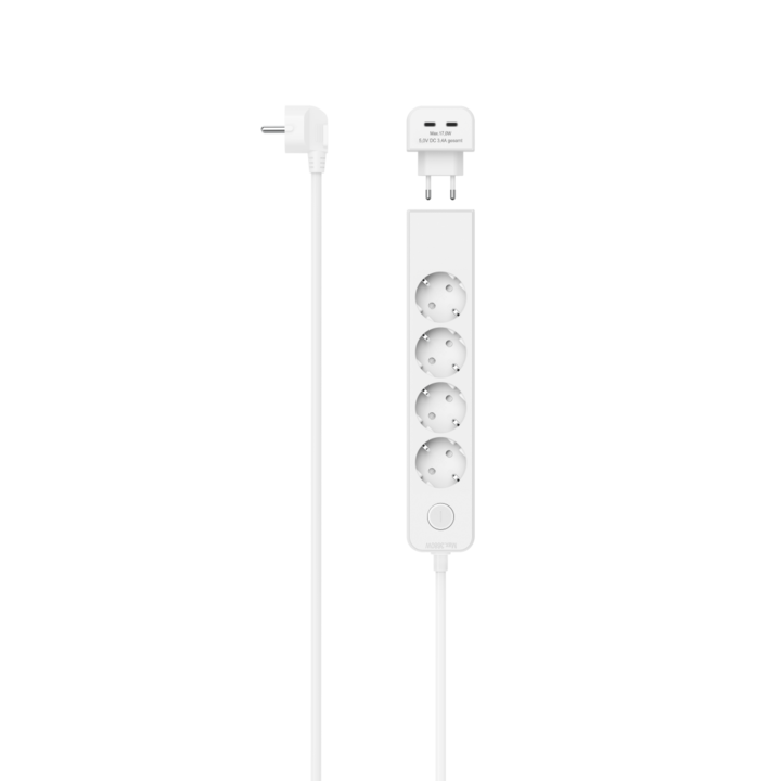 Разклонител Hama 00223191, 5 гнезда + Адаптер 2xUSB-C 5.0V 3.4A 17W, Ключ, H05VV-F3G1.5, 1.4 м, Бял