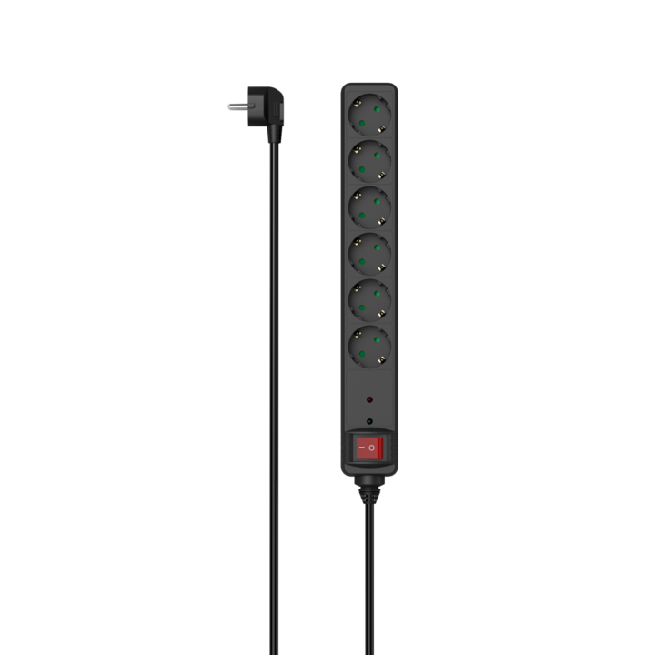 Разклонител Hama R9223153, С ключ, 6 гнезда, Защита от пренапрежение, H05VV-F3G1.5, 1,4 м, Черен