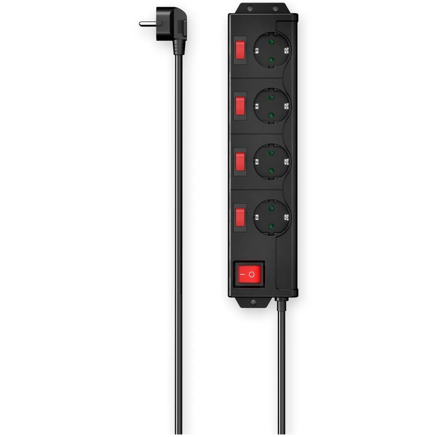 Prelungitor Hama 00223122, cu intrerupatoare individuale iluminate, 4 prize, impamantare, 90°, montare perete, 1.4 m, Negru