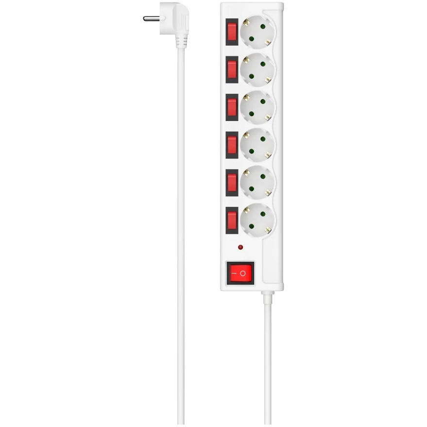 Prelungitor Hama 00223157, cu intrerupatoare individuale iluminate, 6 prize, protectie la supratensiune, impamantare, H05VV-F3G1.5, 1.4 m, Alb