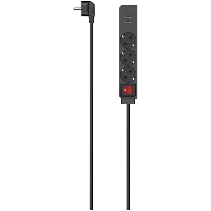 Prelungitor Hama 00223182, cu intrerupator, 3 prize, 2xUSB-A 17 W, H05VV-F3G1.5, 1.4 m, Negru