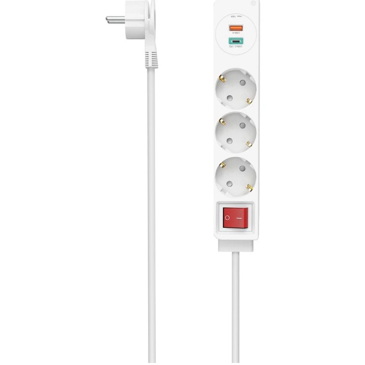 Разклонител Hama 00223185, С превключвател, 3 гнезда, 1xUSB-C/A 18W, PD/QC™, Плосък щепсел, H05VV-F3G1.5, 1.4 м, Бял