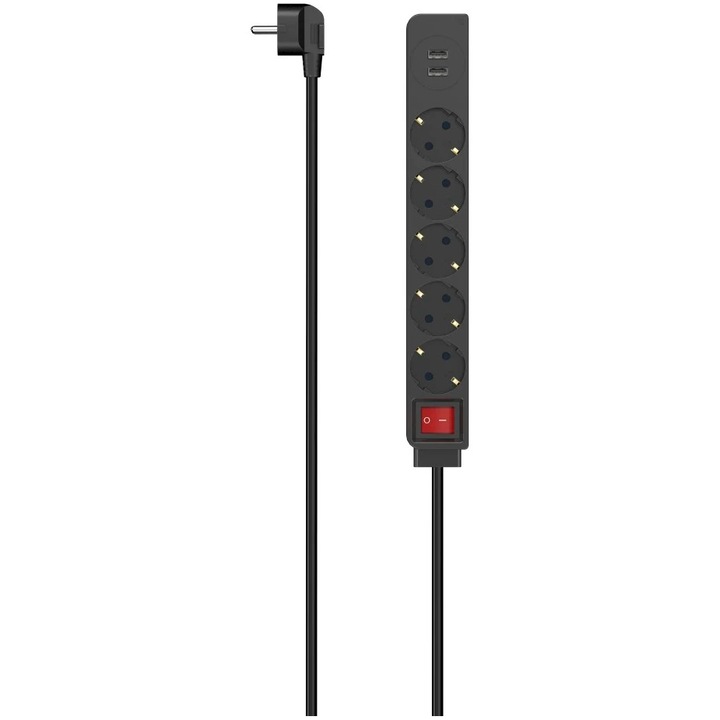 Разклонител Hama 00223184, С ключ, 5 гнезда, 2xUSB-A 17W, H05VV-F3G1.5, 1.4 м, Черен