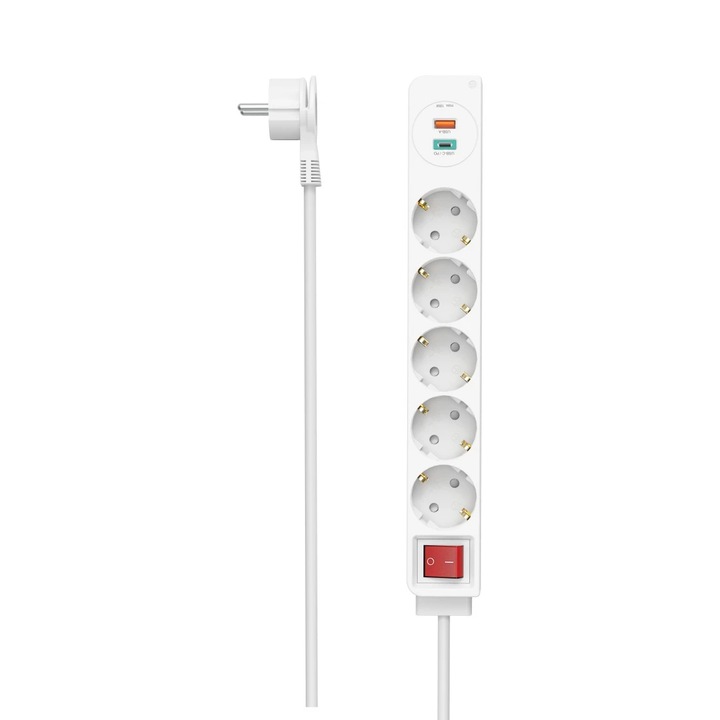 Разклонител Hama 00223186, С превключвател, 5 гнезда, USB-C/A 18W, PD/QC™, Плосък щепсел, H05VV-F3G1.5, 1.4 м, Бял