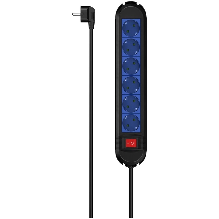 Разклонител Hama 00223040, С ключ, Стенен монтаж, 6 гнезда, H05VV-F3G1.5, 1,5 м, Черен/Син