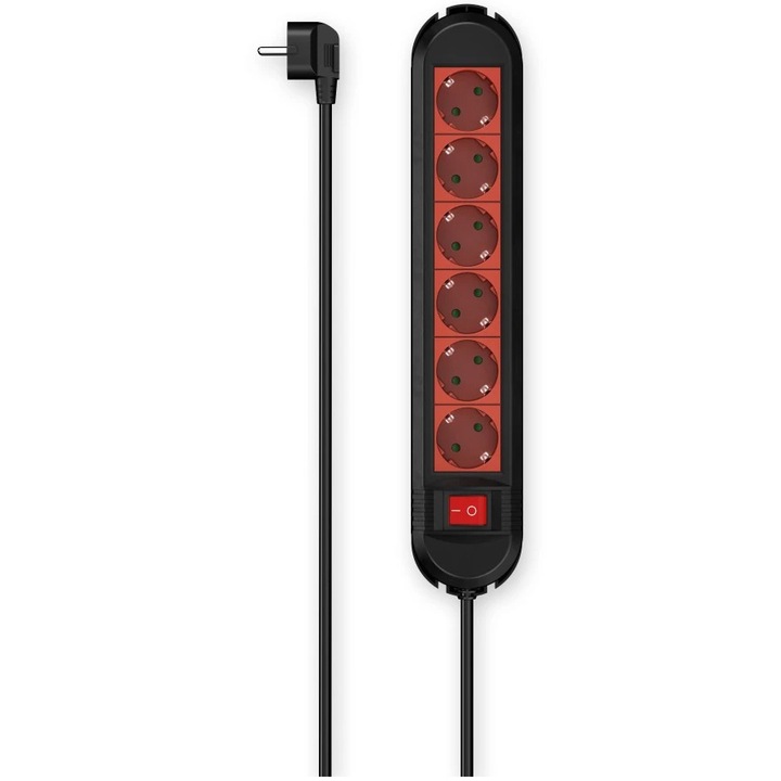 Разклонител Hama 00223039, С ключ, Стенен монтаж, 6 гнезда, H05VV-F3G1.5, 1,5 м, Черен/Червен