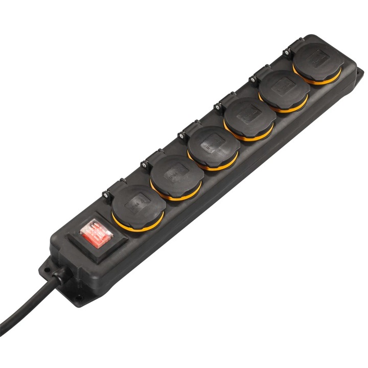 Разклонител Hama 00137286, С ключ, За външна употреба, 6 гнезда, IP 44, H07RN-F1.5 мм², 2 м, Черен