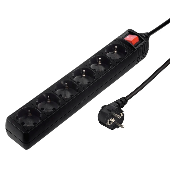 Разклонител Hama 00137265, С ключ, 6 гнезда, H05VV-F3G1.5, 3 м, Черен