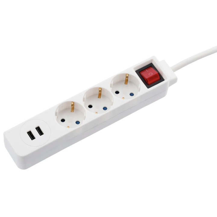 Разклонител Hama R9137352, 3 гнезда, 2x USB-A, 1,4 м, Бял