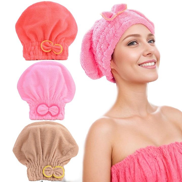 Set 3 Prosop pentru uscarea parului, Axroad Mall, Prosoape de par super absorbante, Capac de uscare rapida a parului cu turban, Potrivit pentru spalarea fetei, ingrijirea pielii, Poliester, 25x24 cm, Multicolor