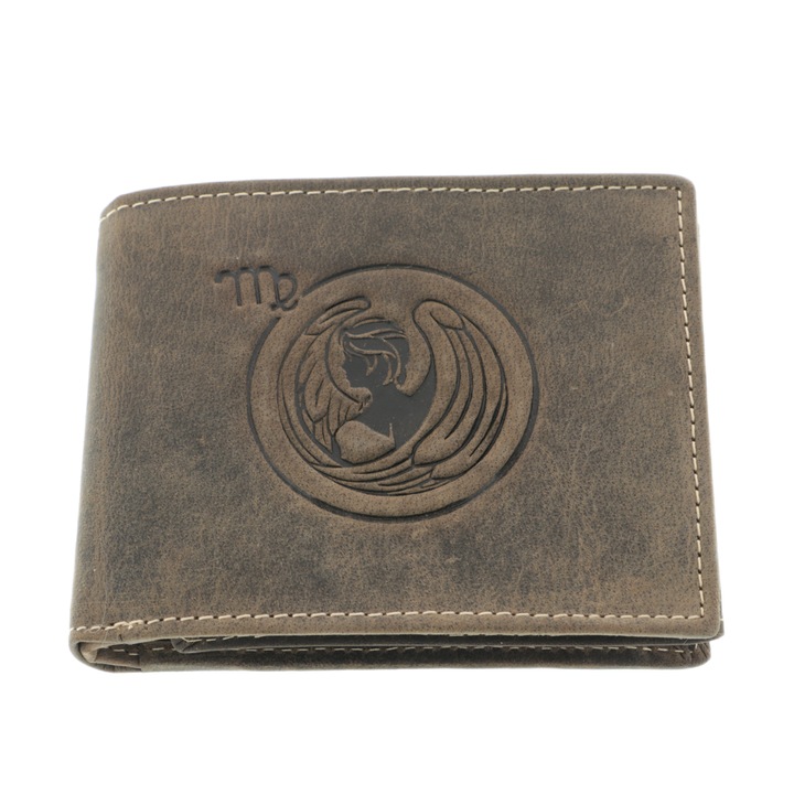 Portofel barbati piele naturala maro Zodiac Fecioara 12 cm