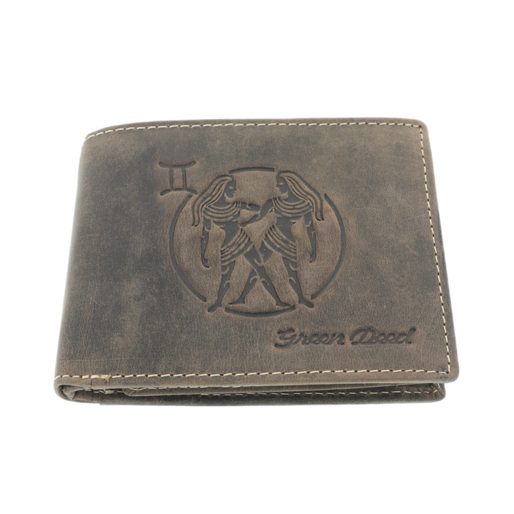 Portofel barbati piele naturala maro Zodiac Gemeni 12 cm