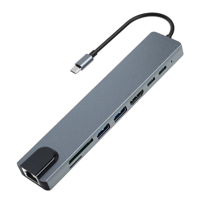 Хъб USB-C адаптер 8 в 1, PRESTIGE CHARGE®, Type-C вход, LAN изход RJ45 Ethernet/HDMI 4k/ USB-C PD 68W/ USB-C 3.1/USB 3.0/USB 2.0/ SD/TF карта, Докинг станция за лаптоп, MacBook Air/Pro, таблет, алуминий