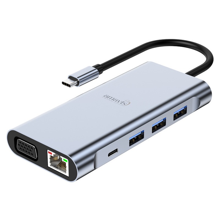 Hub USB-C 10 in 1 multifunctional, Amavis, HDMI 4K, VGA, USB 3.0, USB 2.0, cititor SD/TF, ethernet, alimentare 87W, adaptor multiport pentru laptop si PC, compact si durabil, gri