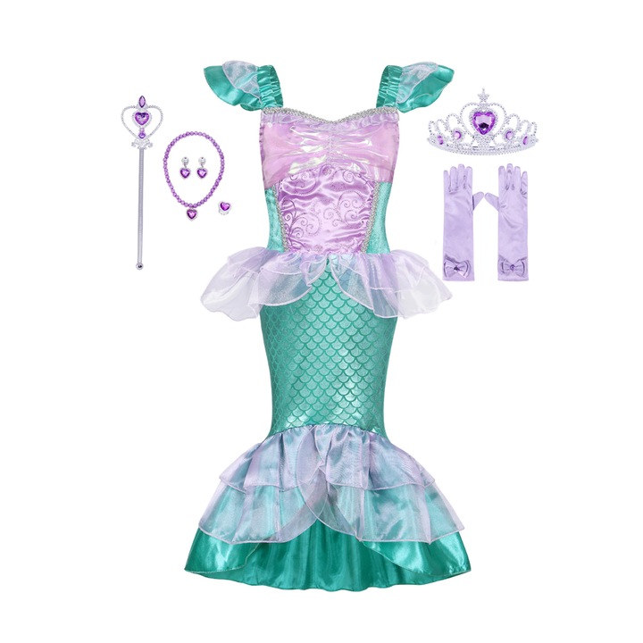 Rochie carnaval Cosplay printesa sirena, ANUTETOUNI®, Printesa Ariel, cu 6 accesorii, Organza/Bumbac, Verde/Mov, 8-10 ani, 140 cm