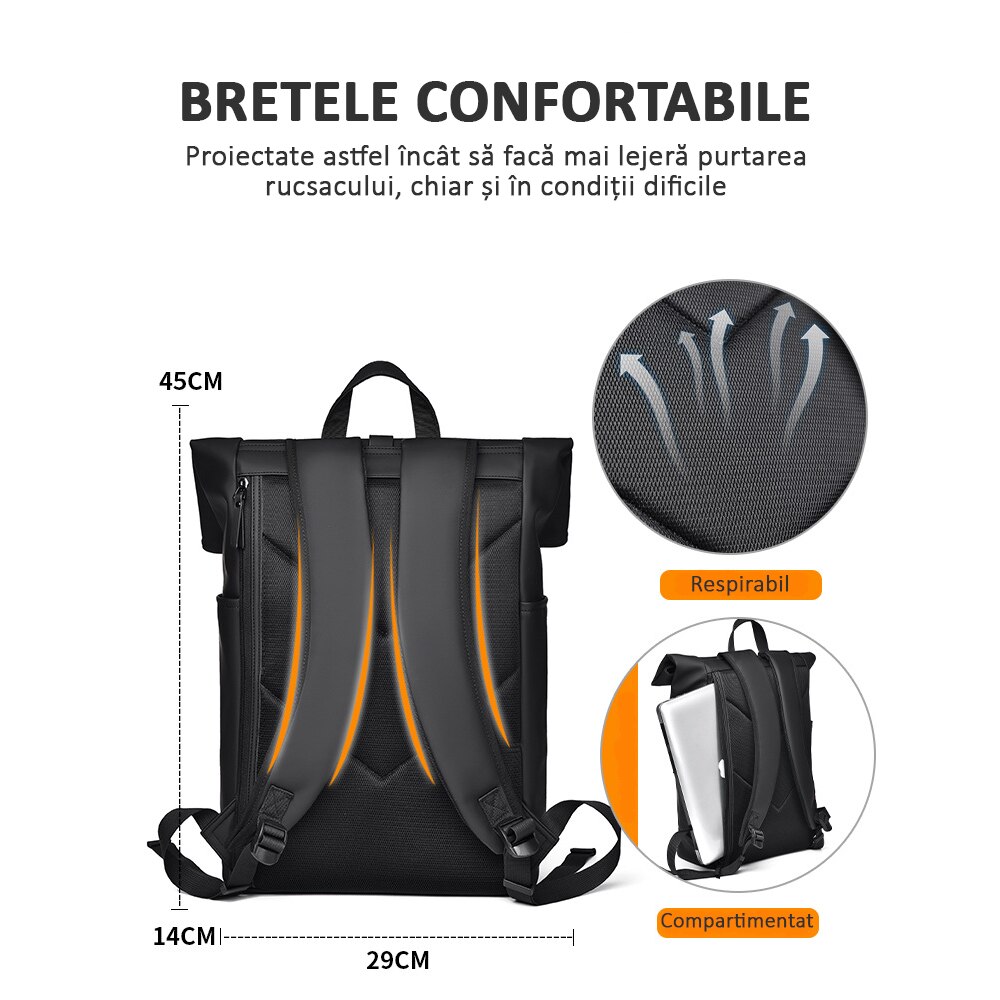 Rucsac laptop, multifunctional, impermeabil, rezistent, business, elegant, negru, OBRALIX
