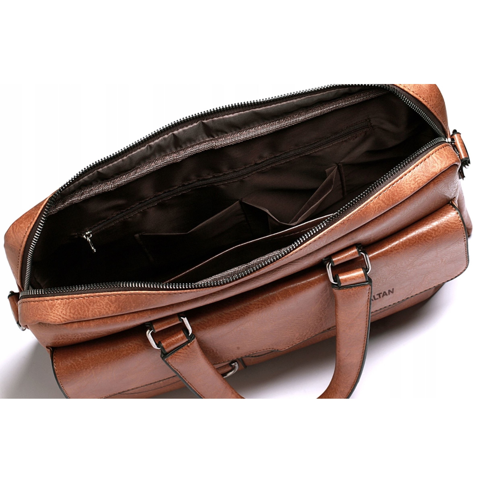Geanta business eleganta cu fermoar pentru laptop din piele ecologica culoare maro, compatibilitate laptop pana la 15'6 inch