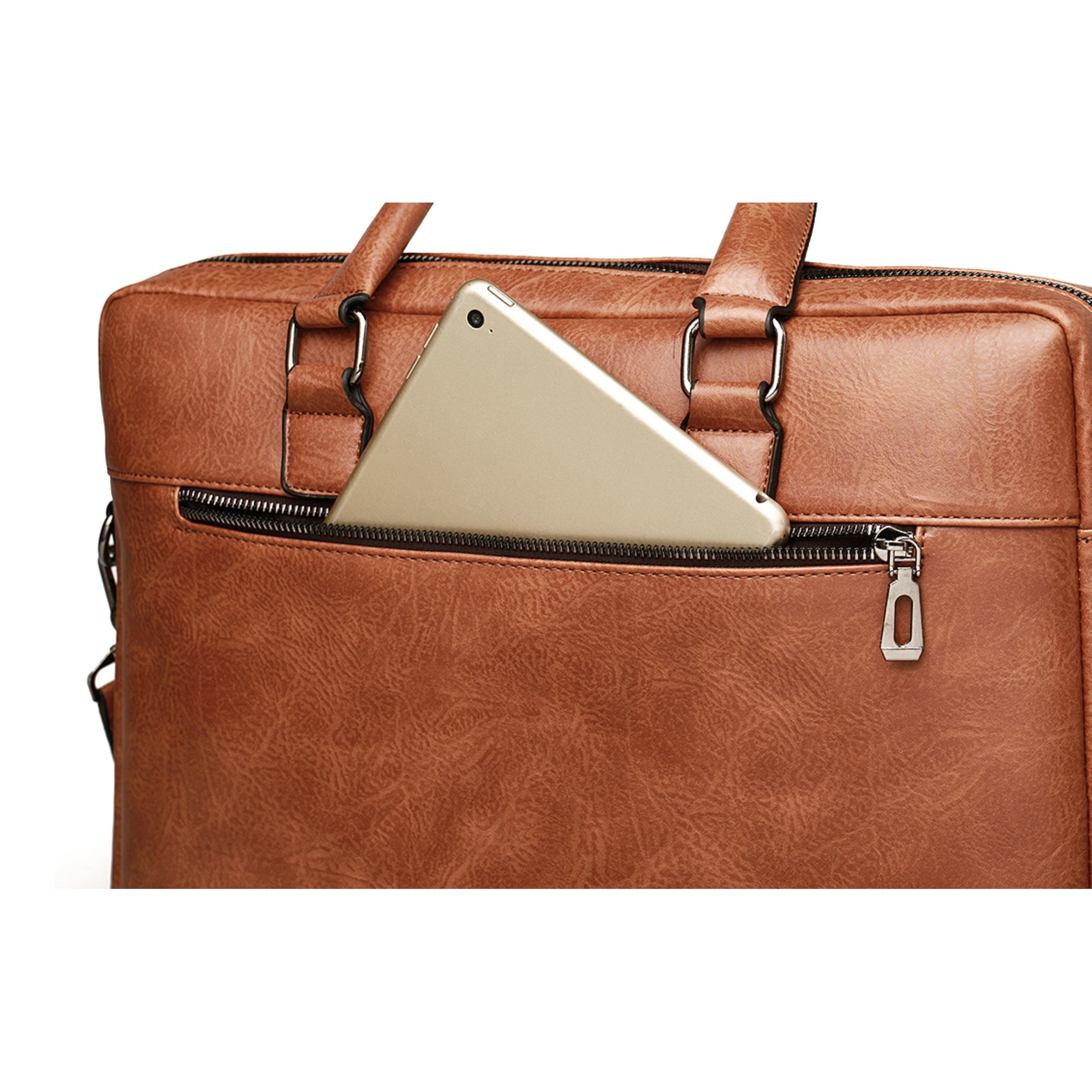 Geanta business eleganta cu fermoar pentru laptop din piele ecologica culoare maro, compatibilitate laptop pana la 15'6 inch
