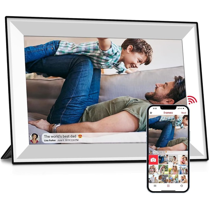 Фоторамка Smart WiFi FRAMEO 10,1-инчова цифрова 1280x800 IPS LCD сензорен екран, автоматично завъртане на портрет и пейзаж, 32 GB вградена памет, незабавно споделяне на моменти чрез приложението Frameo от всяко място, бял