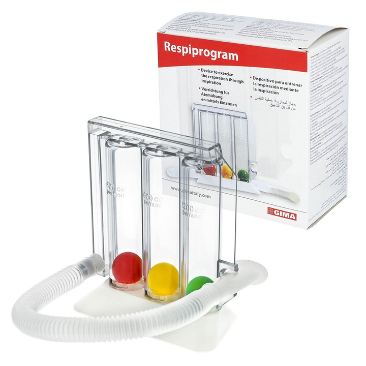 Dispozitiv de reabilitare respiratorie GIMA Respiprogram, pentru efectuarea exercitiilor inspiratorii profunde, trei camere, eficient, Alb